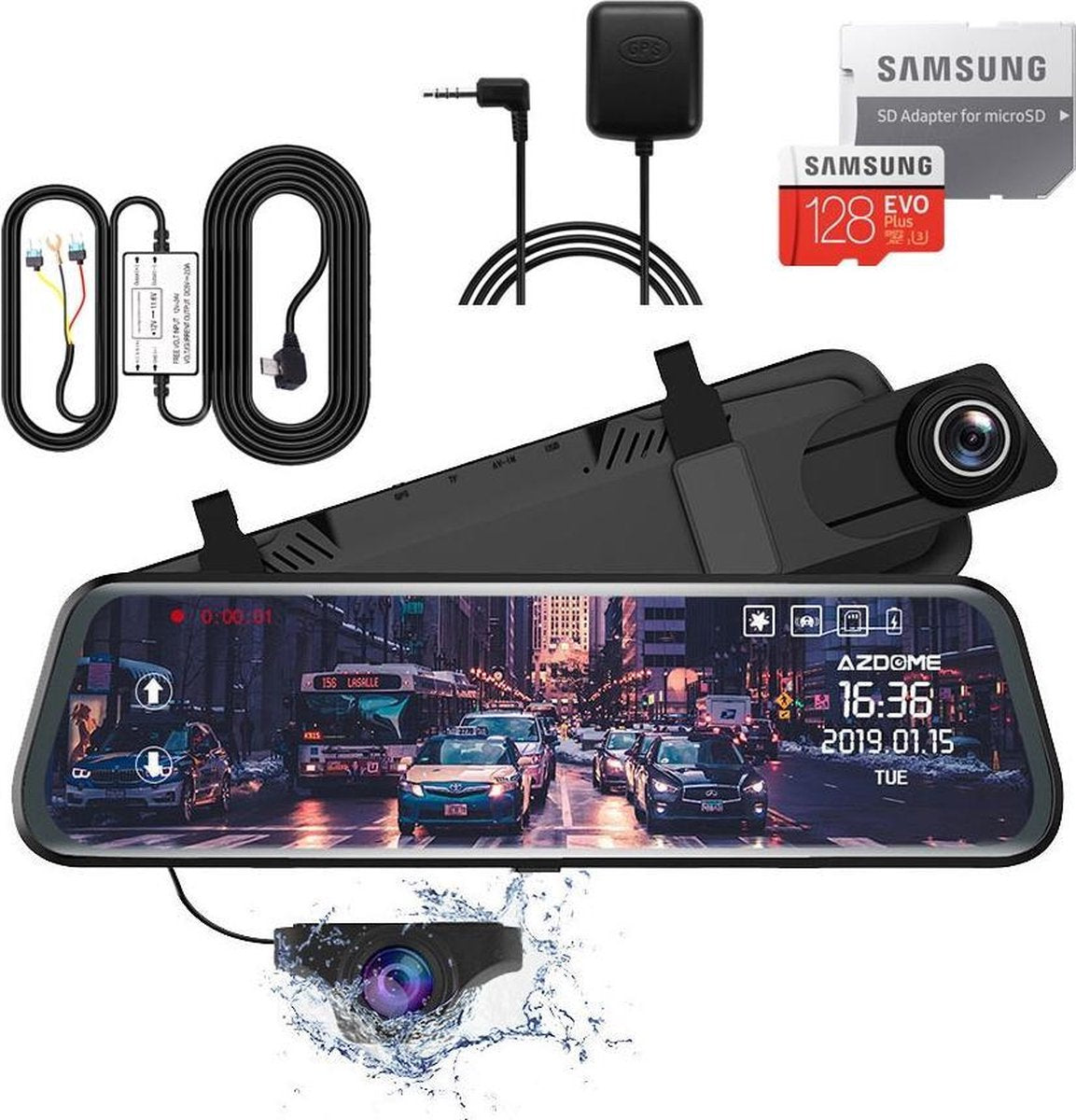 AZDome AR08 2CH Full Mirror dashcam voor auto - GPS - Continue voeding - 128gb