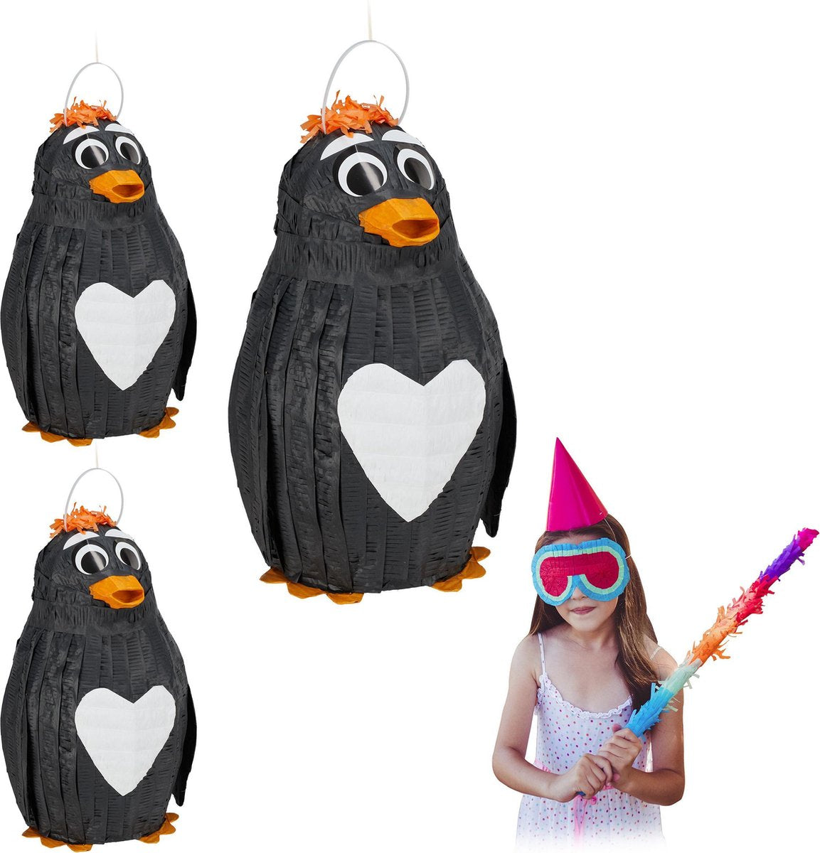 relaxdays 3x pinata pinguin - verjaardag - pinguïn piñata - kinderen - 42 cm - decoratie