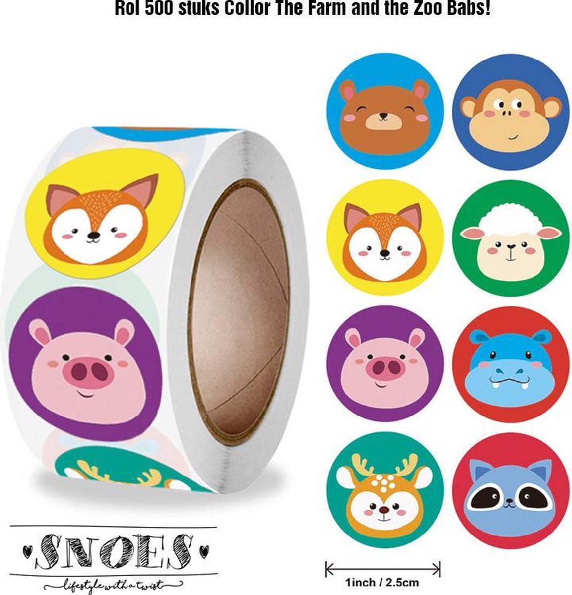 Snoes - sluitstickers 500 stuks - stickerrol - Collor The Farm & the Zoo Babs - beloningsstickers - stickers voor kinderen - schoolspullen - onderwijs - peuters - kleuters - Boerderij en Dierentuin dieren - cadeau - kado - inpakken