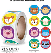 Snoes - sluitstickers 500 stuks - stickerrol - Collor The Farm & the Zoo Babs - beloningsstickers - stickers voor kinderen - schoolspullen - onderwijs - peuters - kleuters - Boerderij en Dierentuin dieren - cadeau - kado - inpakken