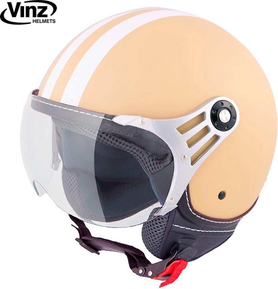 Vinz Fiori Jethelm Mat Creme met Witte Strepen / Scooterhelm / Brommerhelm / Motorhelm / Fashionhelm voor Scooter / Vespa / Brommer / Motor
