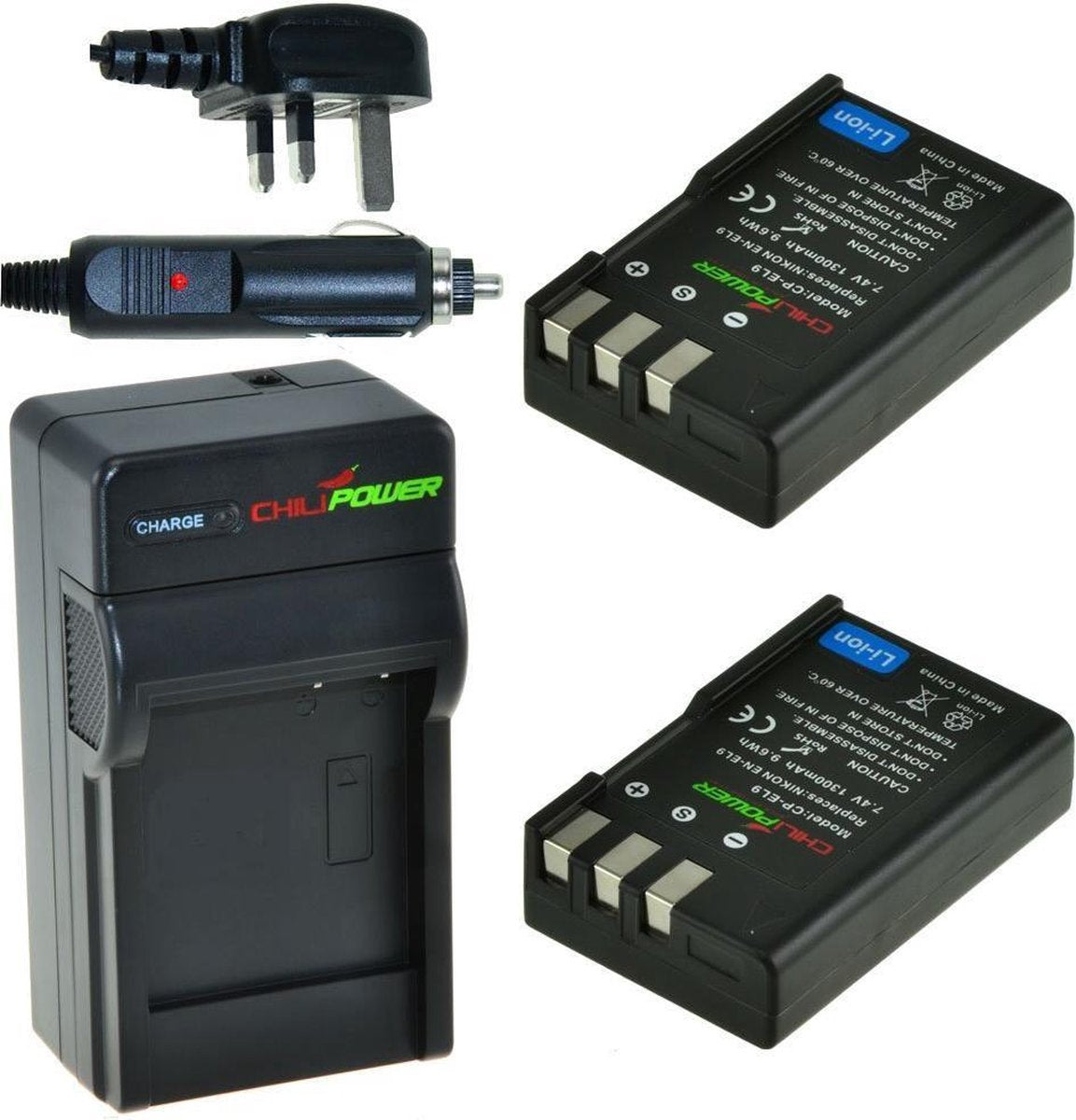 ChiliPower 2 x EN-EL9 accu's voor Nikon - Charger Kit + car-charger - UK versie