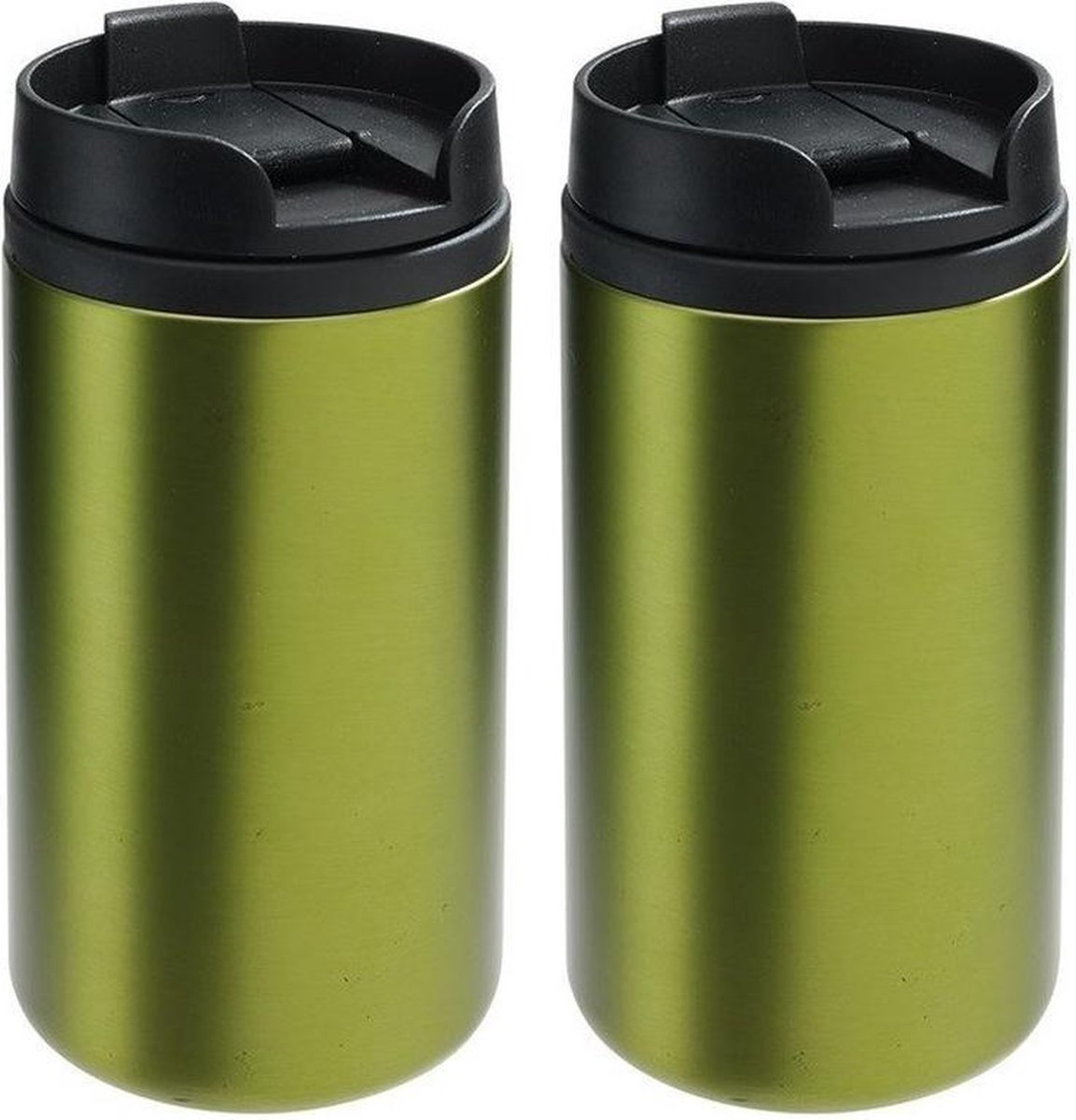 2x Thermosbekers/warmhoudbekers metallic groen 290 ml - Thermo koffie/thee isoleerbekers dubbelwandig met schroefdop
