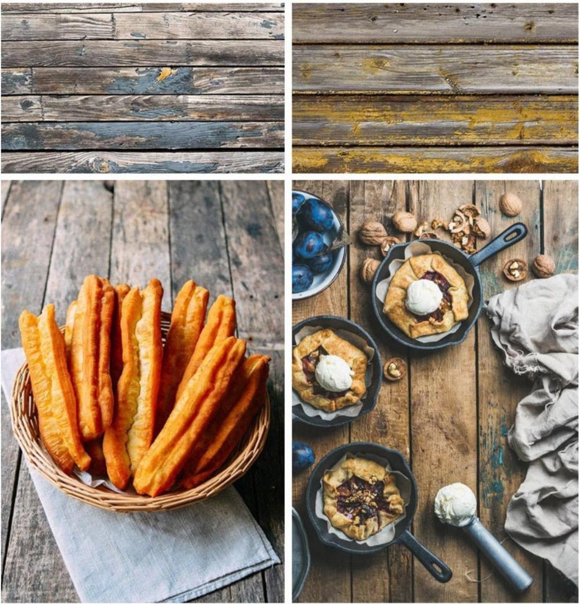 PVC achtergrond voor fotografie - Hout - Bruin hout met blauwe en gele verf - Dubbelzijdig - Food en product fotografie - Waterproof - 58 x 86 cm