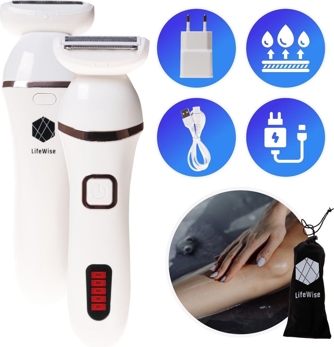 LifeWise Ladyshave - 3-in-1 Ladyshave - Draadloos - Nat en Droog Scheren - Reisetui - USB + Stopcontact Oplaadbaar