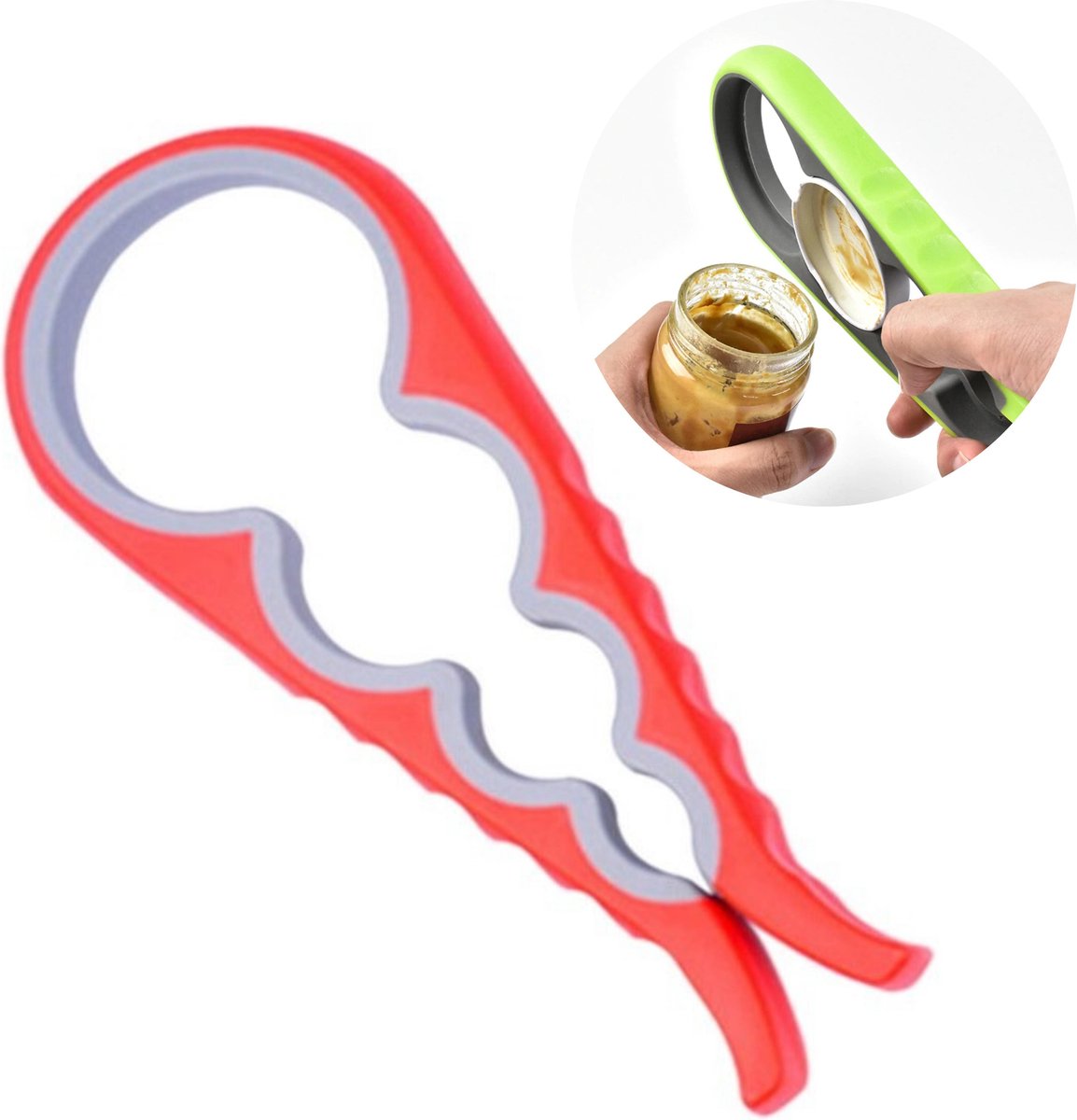 HMerch™ 4-in-1 Allesopener - Universeel - Voor deksels en potten - Dekselopener - Potopener - Flesopener - Pot Opener - Fles opener - Pottenopener - Flesopener - Reuma Hulp - Rood / Grijs