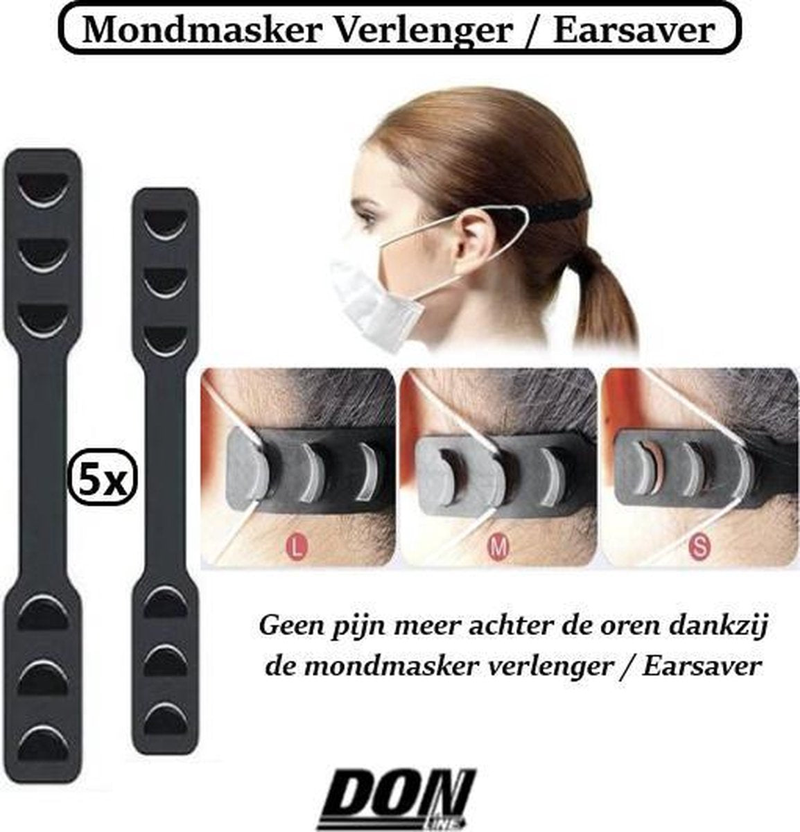 DONLINE - 5 Stuks - Earsaver - Wasbaar Mondkapje / Mondmasker Verlenger - Set van 5 - Zwart - Gemaakt van hoogwaardig siliconen - Geen irritaties meer achter de oren - Geschikt voor wegwerp en wasbaar mondmaskers