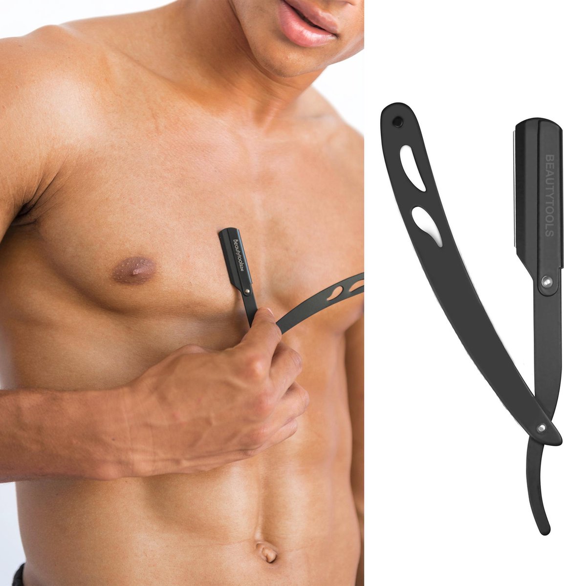 BeautyTools Easy-Shave Shavette / Barbiersmes / Open Scheermes Voor Baard en Nekhaar - BLACK BEAST - Incl. 10 Derby Double Edge mesjes en Opbergdoos (SR-1208) INOX