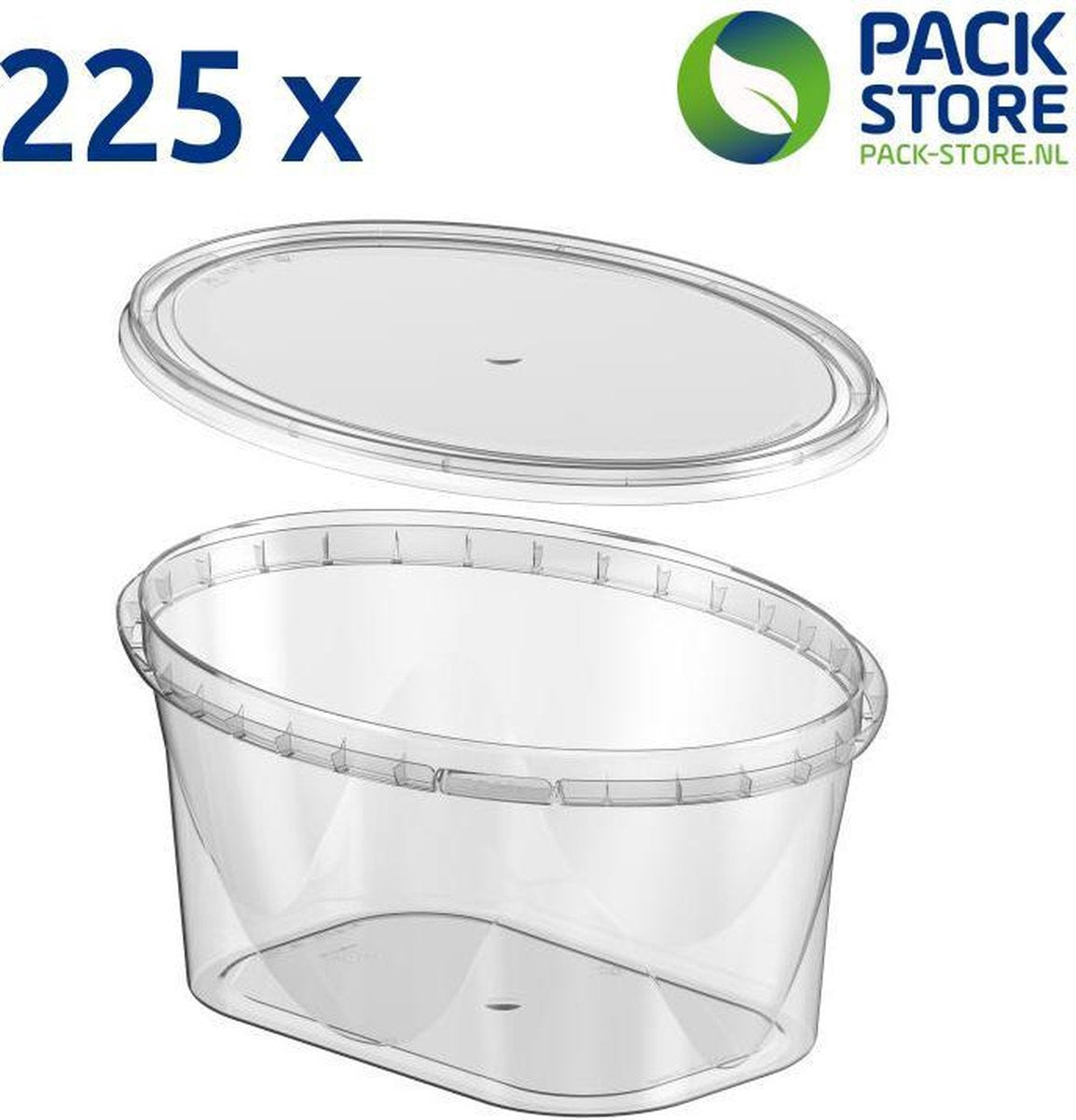 Plastic bakjes ovaal design 1100ml Transparant met deksel. 225 stuks