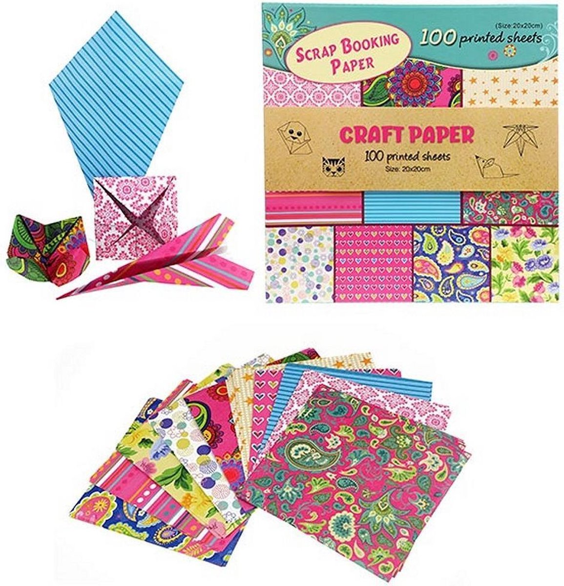 Knutselpapierset 100 Bedrukte Vellen 20x20cm