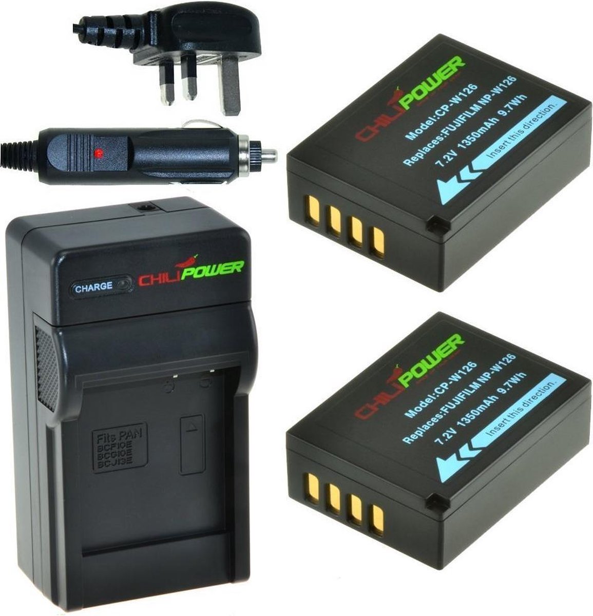 ChiliPower 2 x NP-W126 accu's voor Fujifilm - Charger Kit + car-charger - UK versie
