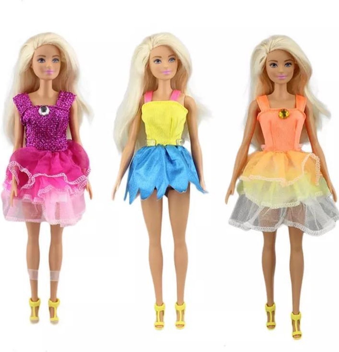 Poppenkleertjes - Geschikt voor Barbie - Set van 3 vrolijke jurkjes - Kledingset voor modepop