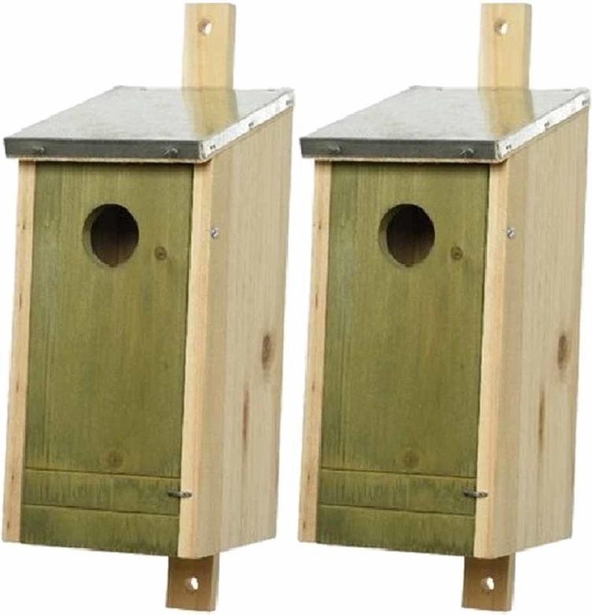 Set van 2 houten vogelhuisjes/nestkastjes met lichtgroene voorzijde en metalen dakje 26 cm - Vogelhuisjes tuindecoraties