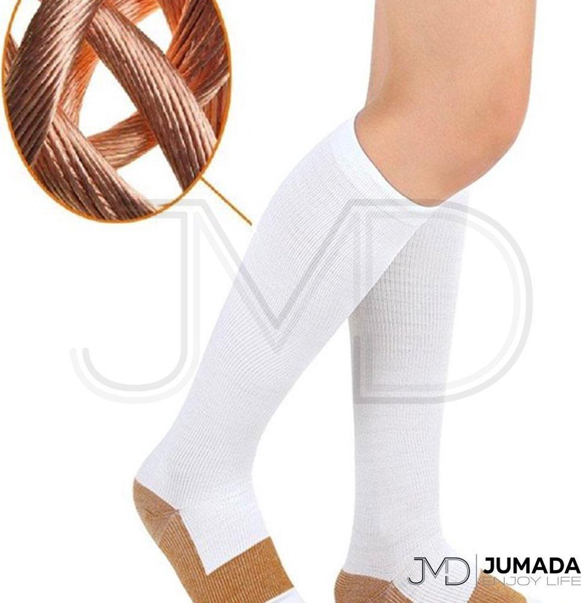 Jumada's Steunkousen / Compressiekousen - Elastische Hardloop / Sport / Vliegtuig Compressie Sokken - Reissokken / Reis Kousen - Running Travel Socks - Heren / Dames - Set Van 1 Paar - Steunkousen Kopergeweven - Maten L/XL - Wit/Bruin