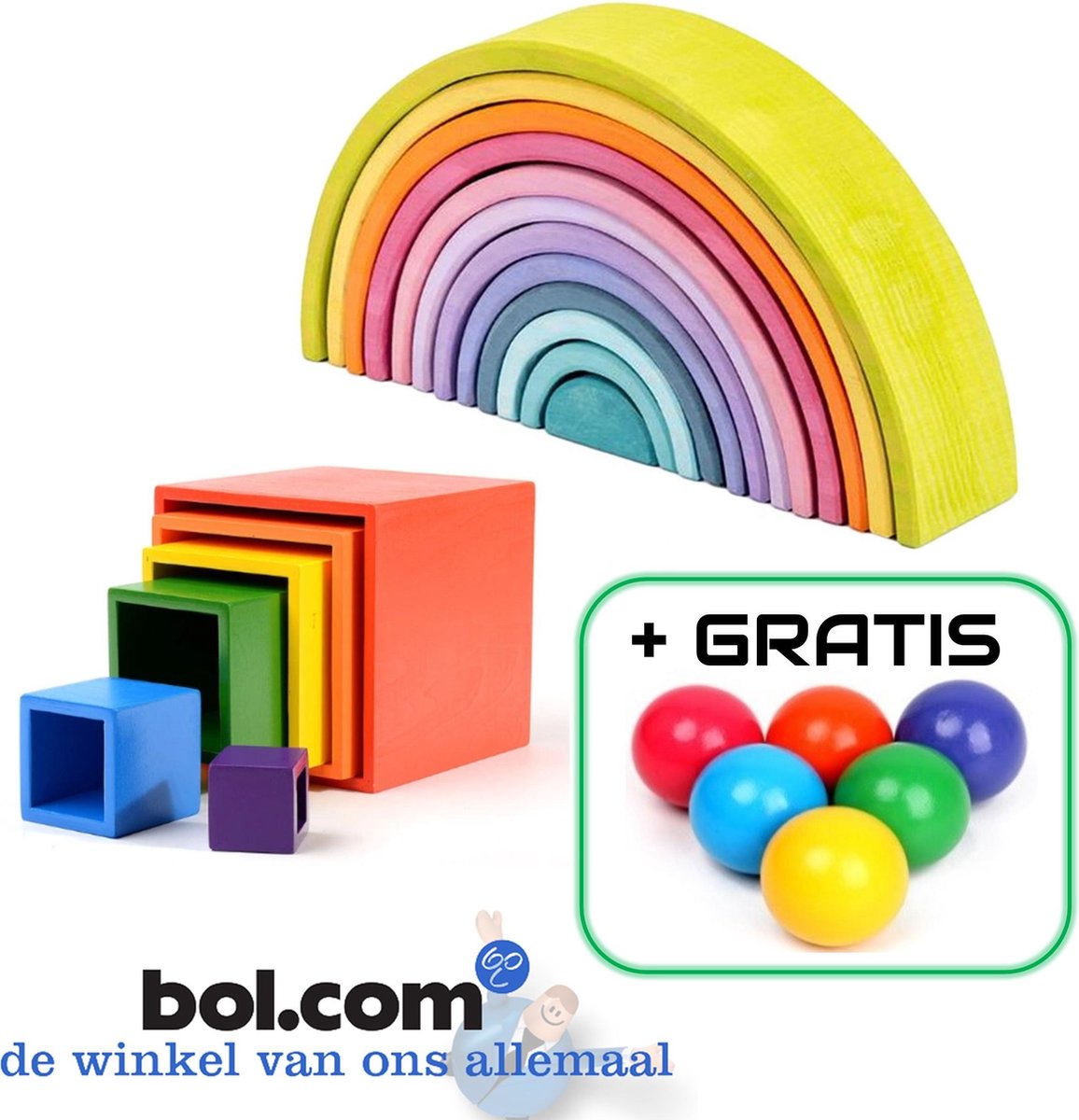 CRISPY | Regenboog Combinatie Set | Open Ended Play! | Montissori Speelstenen | Educatief Speelgoed | Houten Regenboog in Pastel kleuren | Regenboog Kubussen | met GRATIS Regenboog Ballen 6 stuks