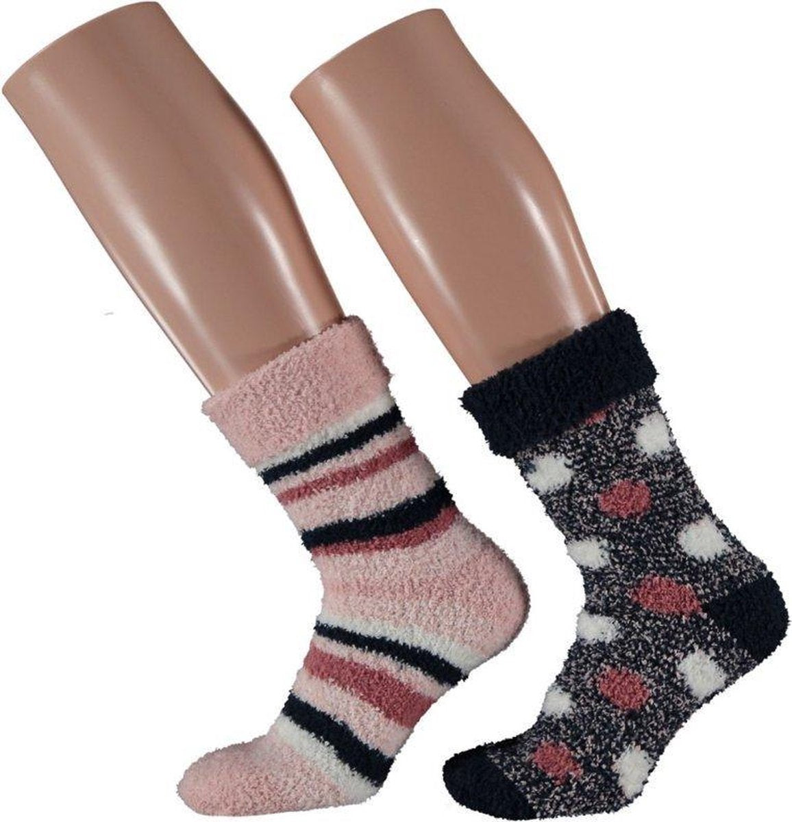 HomeSocks Dames Stripes & Dots | 2-Pack Roze/Blauw