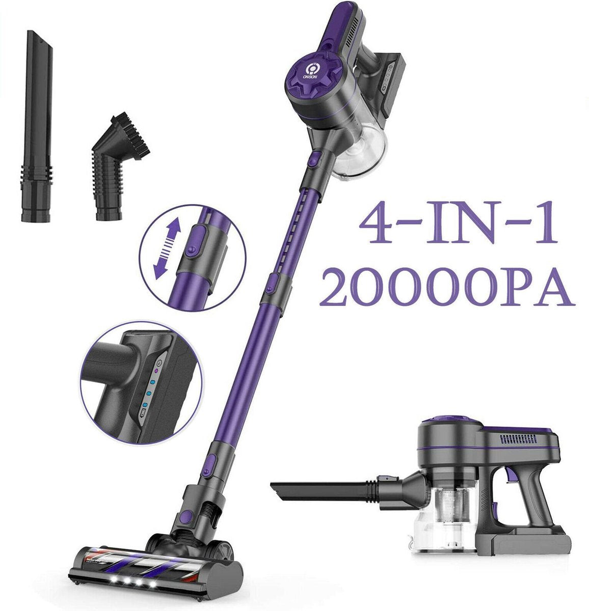 Handstofzuiger -Snoerloze Stofzuiger-Steelstofzuigers- Stofzuiger - vloerstofzuiger - draadloze stofzuiger - draadloze accu voor dierenhaar - Tapijt -20 kpa -4 in 1 Li-Ion accu A10-pro