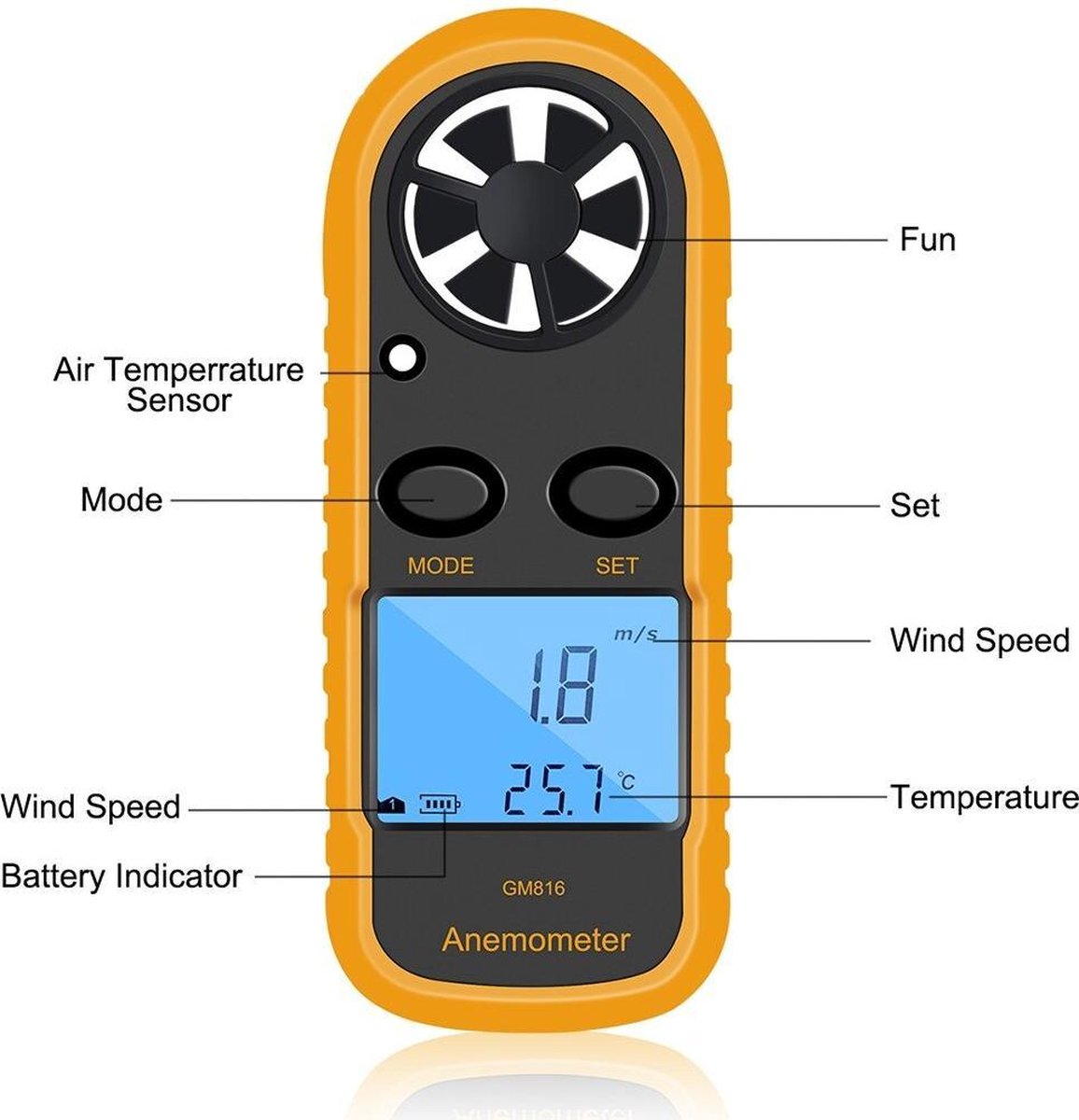 WiseGoods - Windmeter Digitaal - Anemometer - Windsnelheidsmeter - Draagbaar - Geel