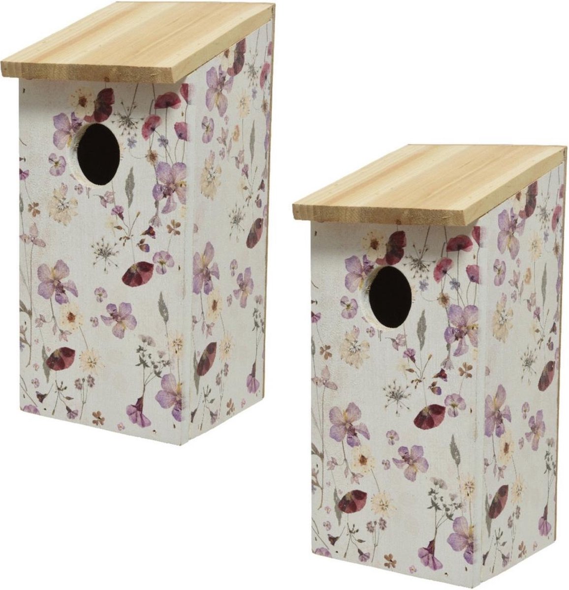 2x stuks vurenhouten vogelhuisjes/nestkastjes met bloemen print 12 x 13