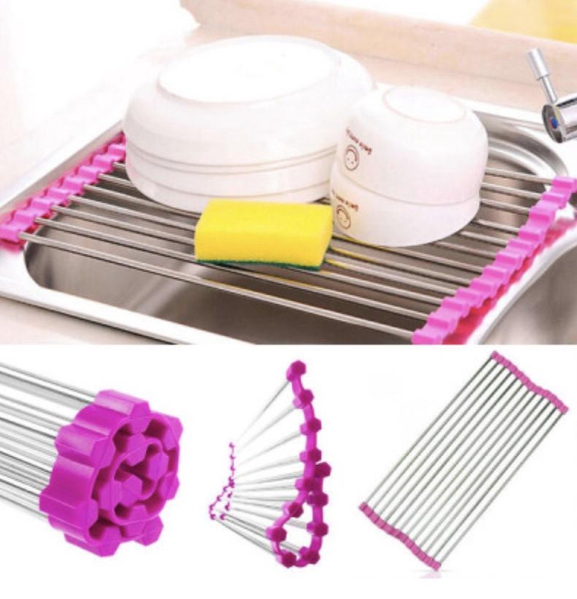 Afdruiprek Voor Afwas - Fuchsia - Pannenonderzetter Hittebestendig- Afdruiprooster - Pannenonderzetter - Camping - Rolmat