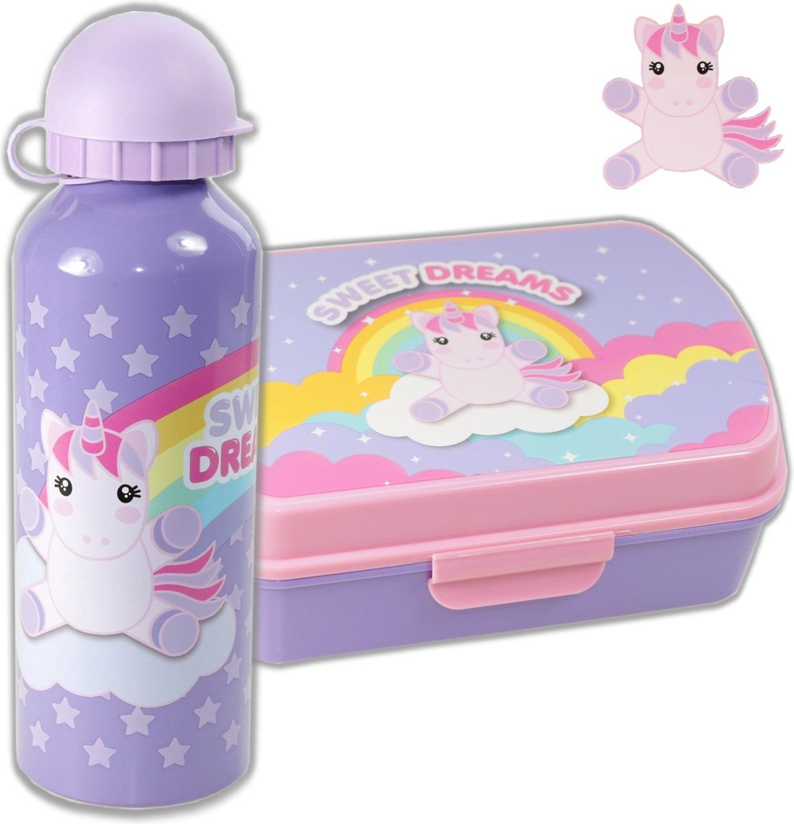 Broodtrommel + aluminium drinkfles Unicorn Sweet Dreams | Lunchbox Eenhoorn kinderen LS19