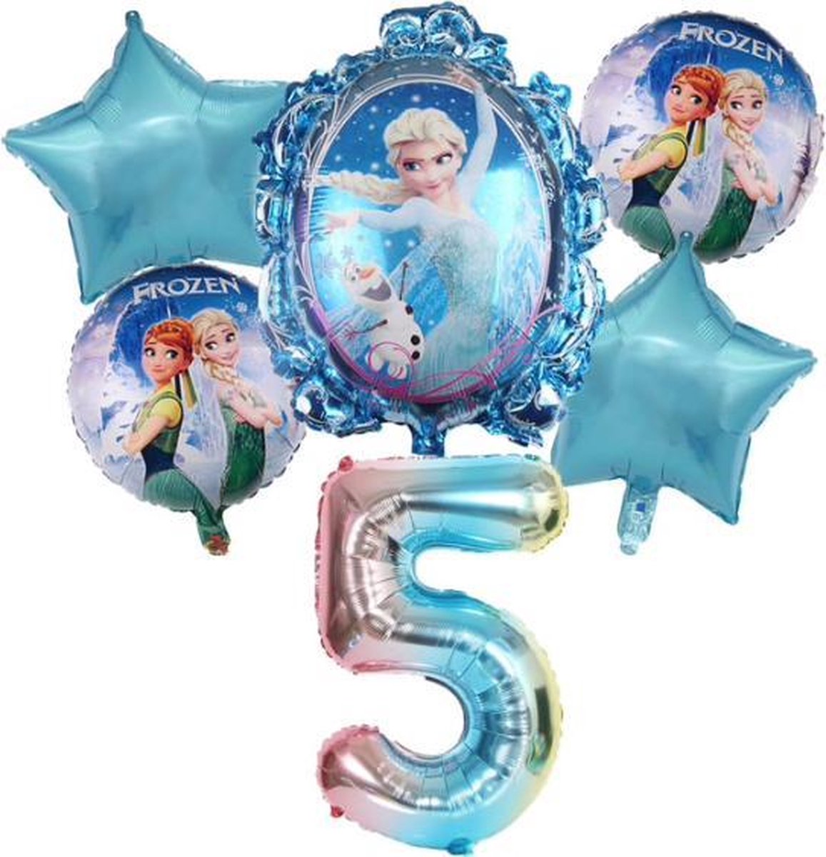 Geweldig 6 delig ballonpakket met 'Frozen Elsa en Anna' en grote cijfer 5 (80 cm hoog)