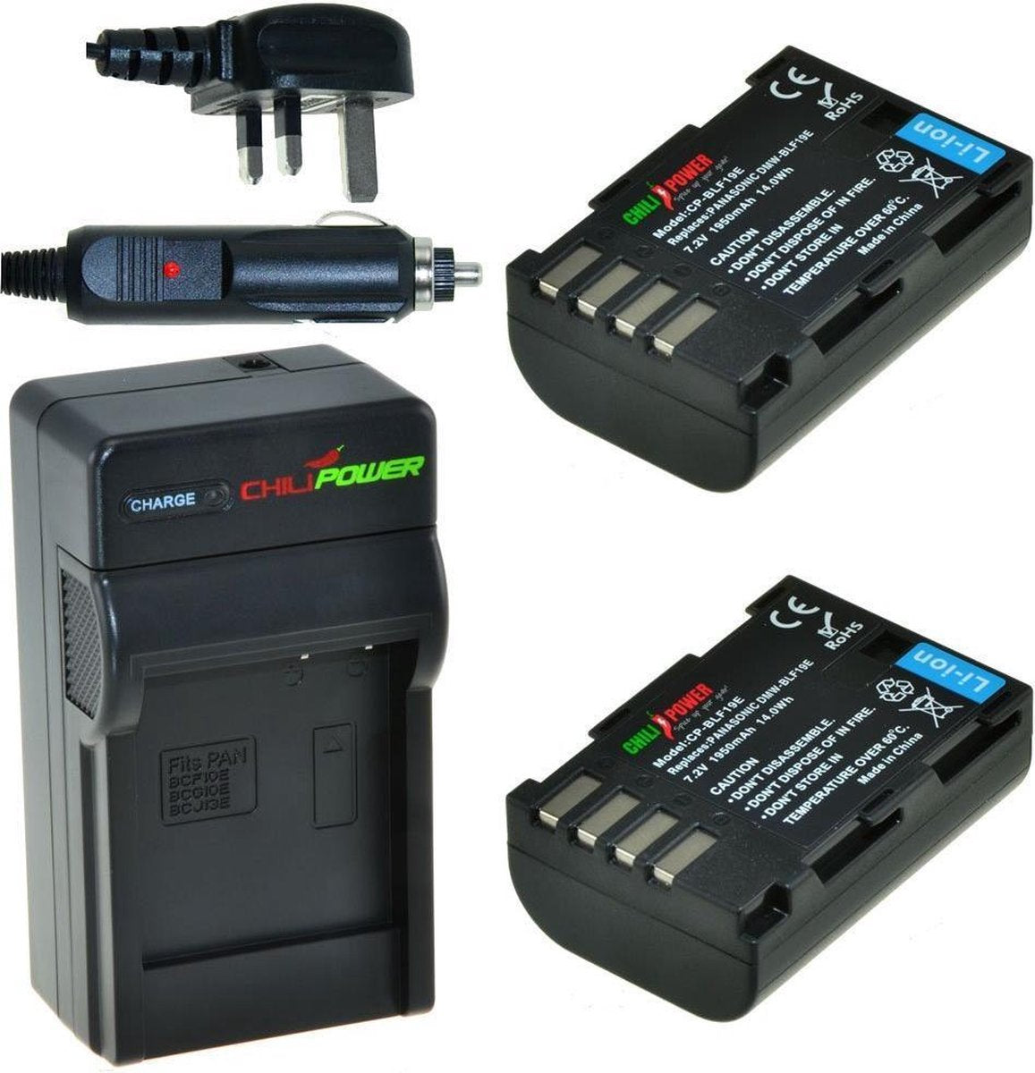 ChiliPower 2 x DMW-BLF19 accu's voor Panasonic - Charger Kit + car-charger - UK versie
