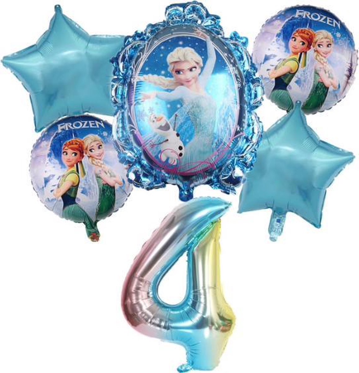 Geweldig 6 delig ballonpakket met 'Frozen Elsa en Anna' en grote cijfer 4 (80 cm hoog)