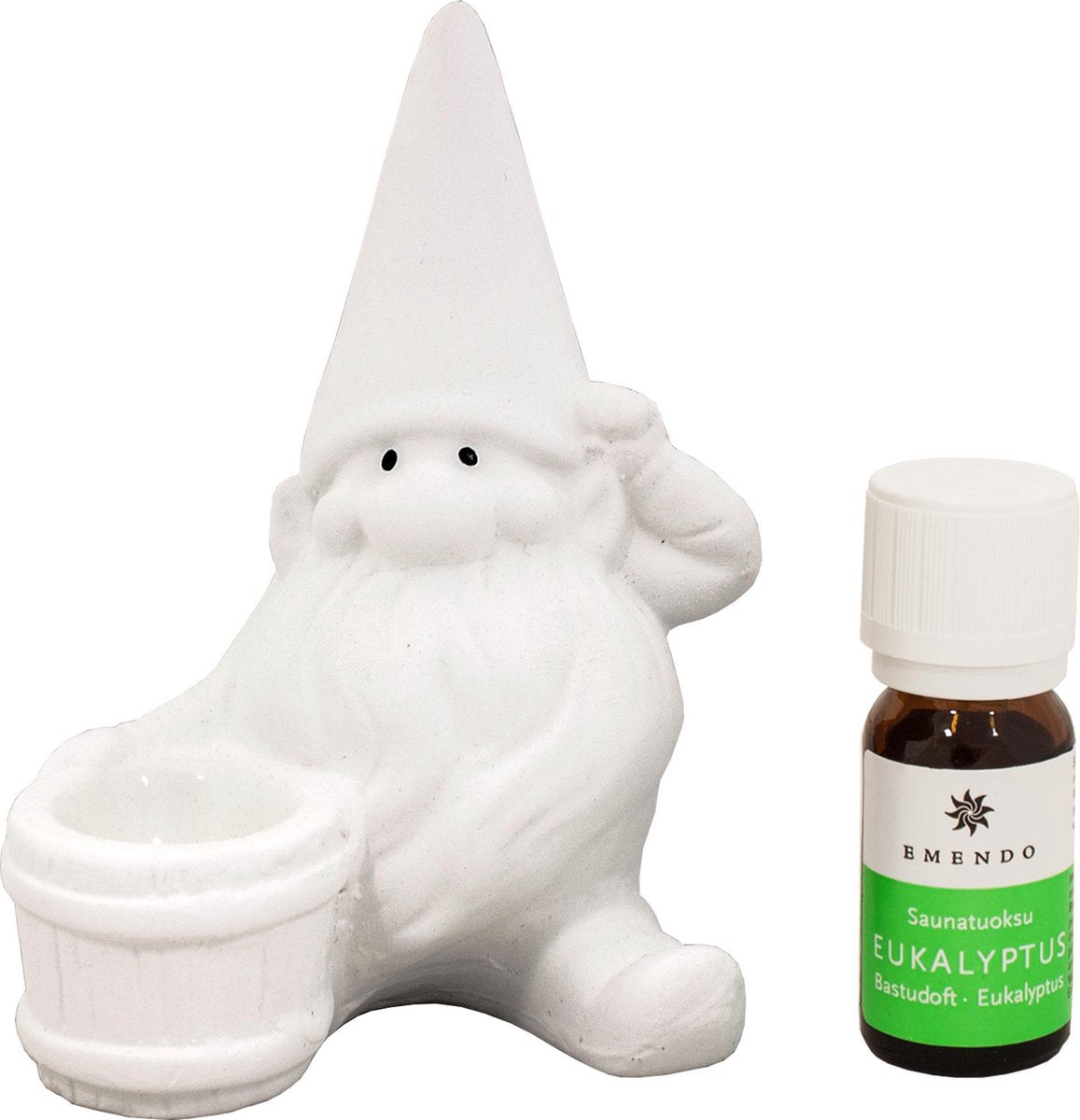 Emendo - sauna kabouter - uitgevoerd in wit met emmertje en flesje 10 ml Eukalyptus