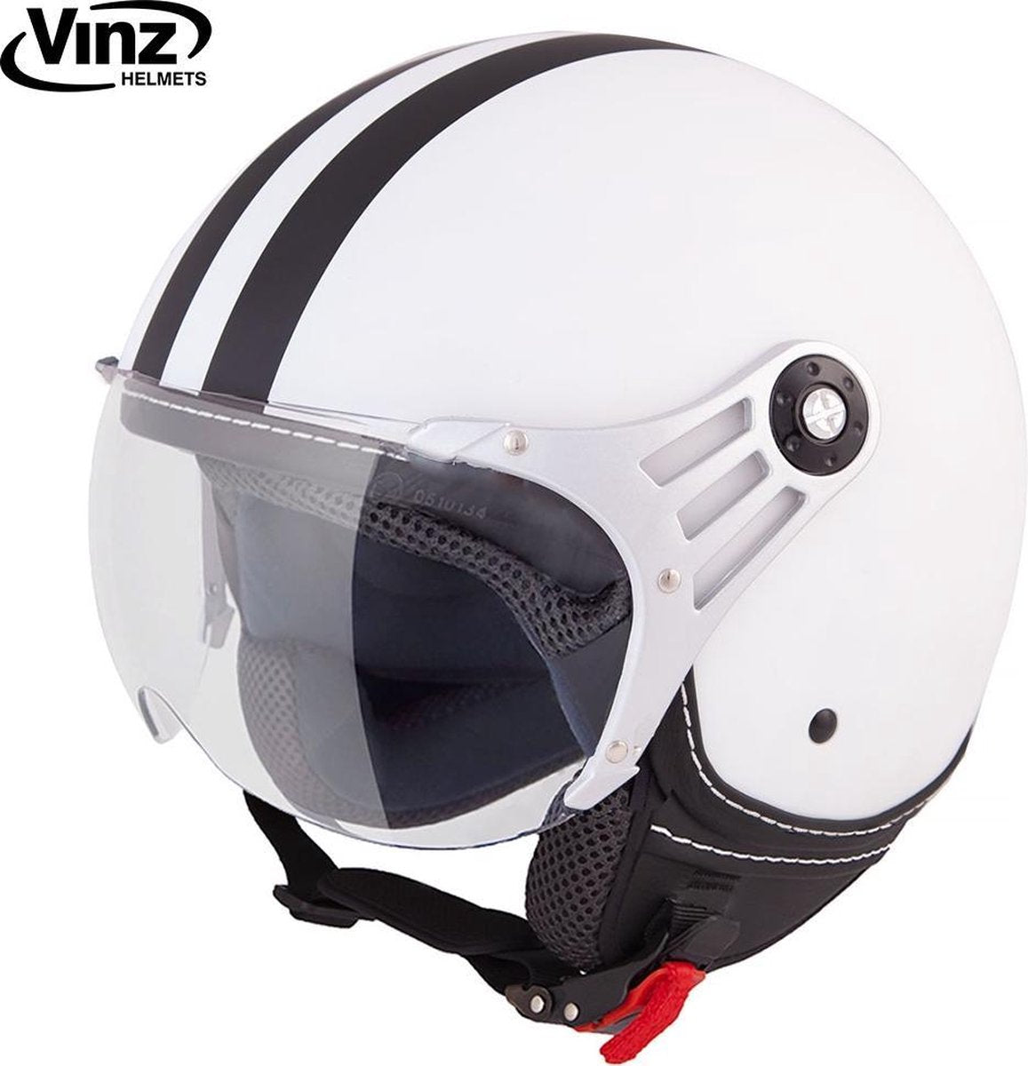 Vinz Fiori Jethelm Mat Wit met Zwarte Strepen / Scooterhelm / Brommerhelm / Motorhelm / Fashionhelm voor Scooter / Vespa / Brommer / Motor