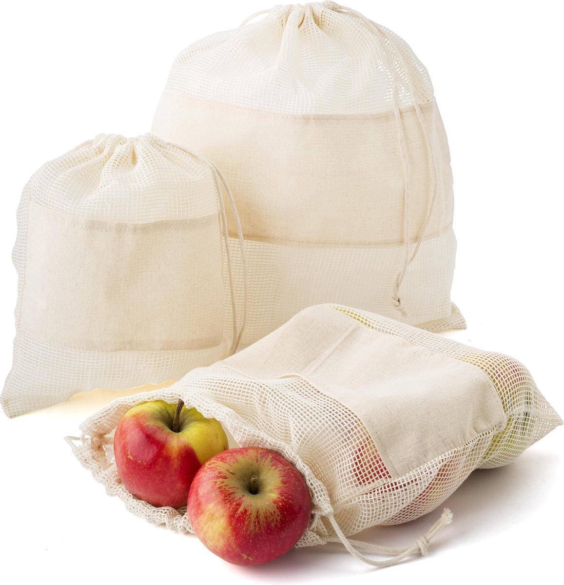 3 x Herbruikbare zakjes -Fruitzakje - Groentezakje - herbruikbare vers zakjes - vershoudzakjes van Katoen