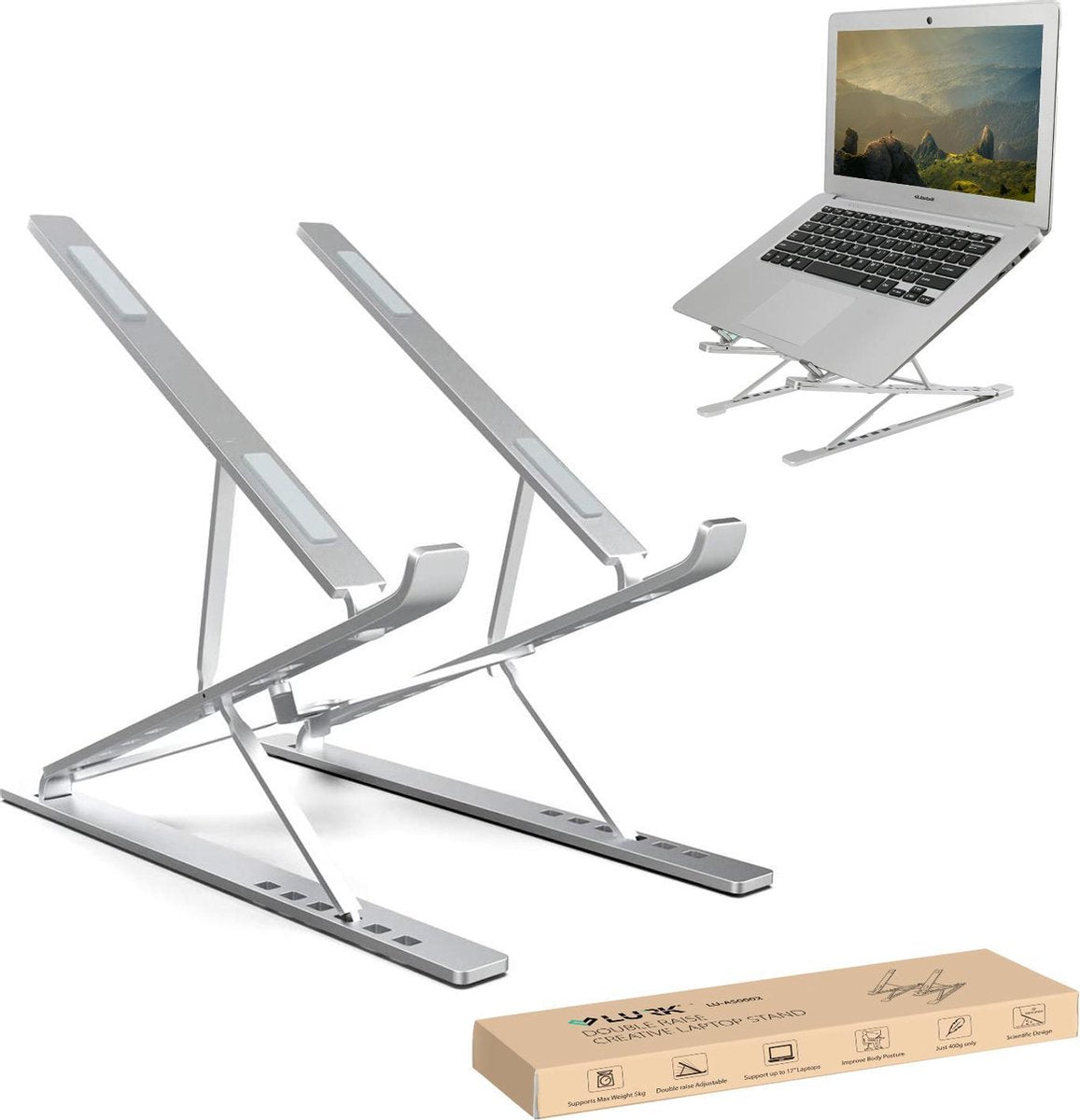 LURK® LIFT compact laptopstandaard Opvouwbaar – Ergonomische Laptophouder – Hoogte verstelbaar – Notebook/boek/tablet – Aluminium – 11 t/m 17 inch