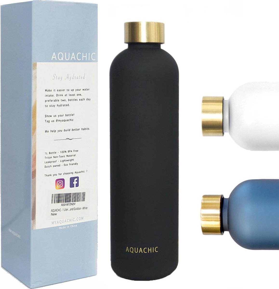 AQUACHIC - 1 Liter Water Fles - Tijdsmarkeringen - Lekvrij en Licht - 1L Tritan Flask - Nederlands merk