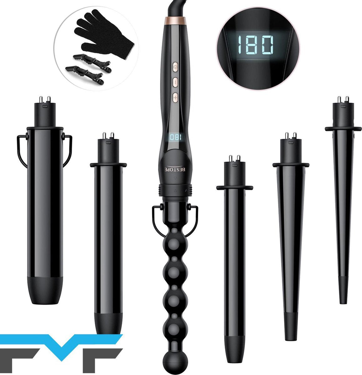 FMF - Bestope - 6 in 1 Krultang met opzetstukken | Hair Curler | 13 tot 32mm | Temperatuurregeling | Handschoen | Haarclips | Zwart-goud -