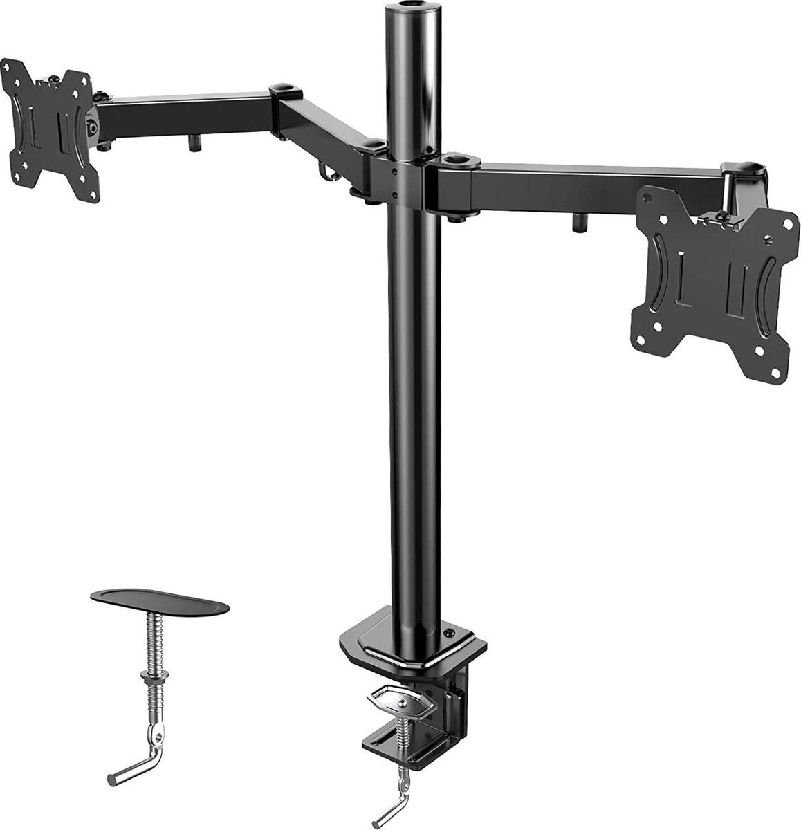 Gutos Monitorstandaard - Voor 1 of 2 monitoren - Monitor verhoger - Monitorarm - Monitorbeugel - Voor 2 schermen - Met tafelvoet - Tafelklem - Zwart - 13 - 27 inch