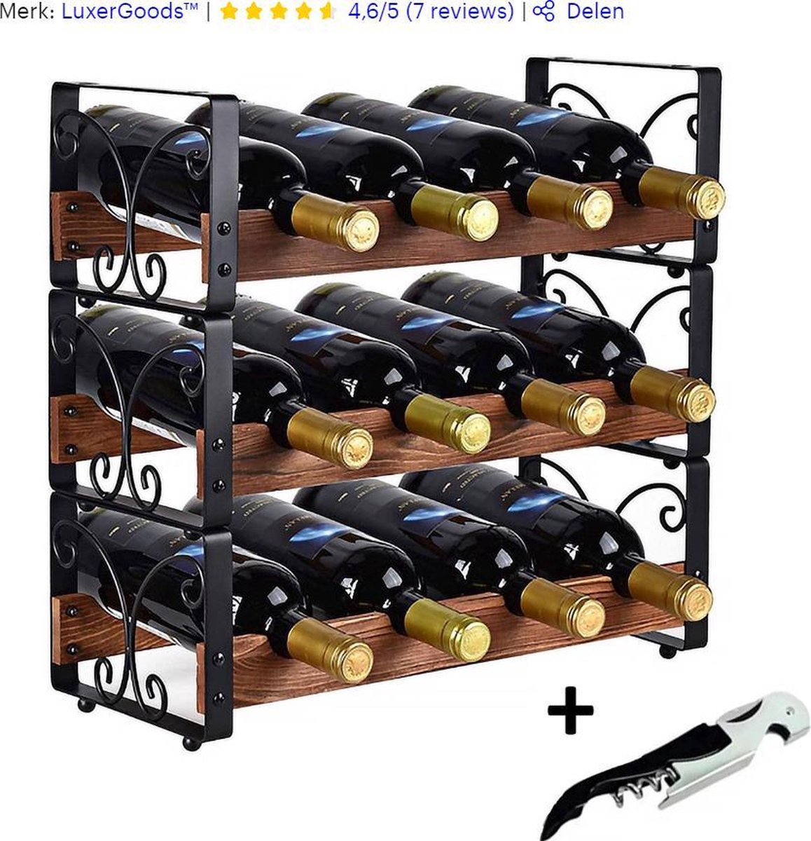 Luxergoods Wijnfleshouder - Wijnrek - Gratis Wijnflesopener - Voor 12 flessen - 3 Delig Stapelbaar Olijvenhout Flessenrek - Hout