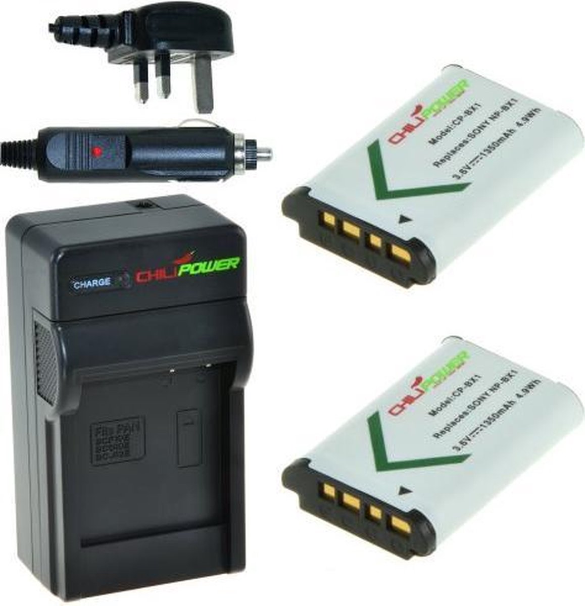 ChiliPower 2 x NP-BX1 accu's voor Sony - Charger Kit + car-charger - UK versie