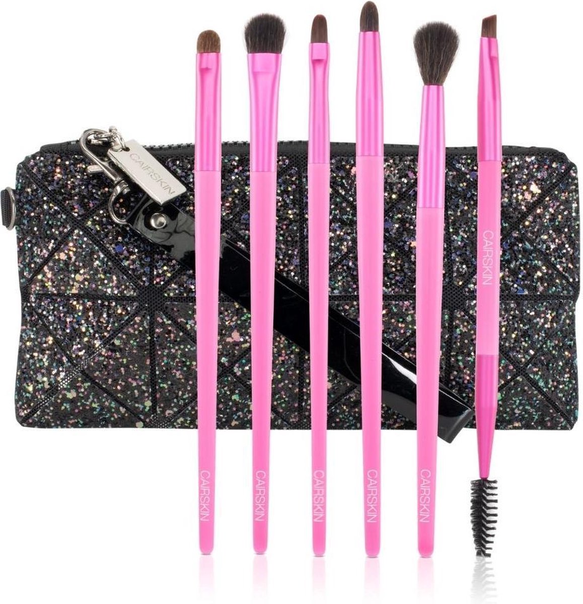 CAIRSKIN Neon Pink 6 Eyeshadow & Brow Brushes Set inclusief CAIRSKIN Black Glitter Beauty Clutch - Oogschaduw & Wenkbrauw Penselen - Visagie Set - Vegan Brushes - New 2021