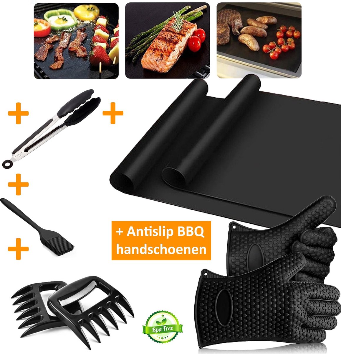 Complete Barbeque Gereedschap + Antislip Handschoenen - Meat Claws - Non Stick Grillmatten - Tang - Kwast - Vleesklauwen - Antikleef Bakmat - Vleestang - BBQ Grill Tools - Zwart - Voordeelset - Cadeau Tip