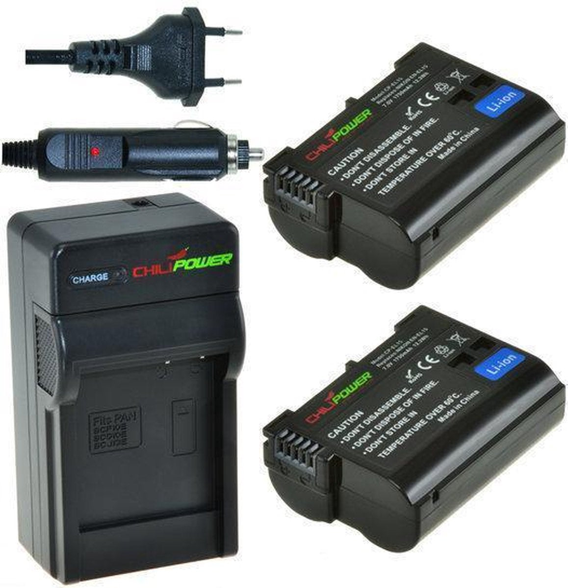 ChiliPower EN-EL15 Nikon Kit (2 accu's + lader + 12V autosnoer)