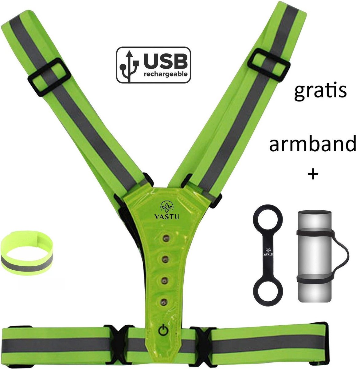 Vastu USB LED Reflector veiligheidsvest - LED Safety Y Harnas Outdoor - oplaadbaar - Wandelverlichting - LED Sportvest - Zichtbaarheid - Hond uitlaten - Joggen - Paardrijden - Kamperen - Gratis reflector armband