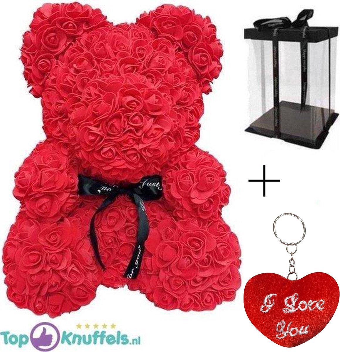 Rozen beer Rood met Strik 30 cm in Luxe Geschenkdoos + Liefdes Sticker + I Love You Sleutelhanger | Cadeau Rozenbeer| Knuffel met jou geliefde  Valentijn! | Love Teddybeer | Knuffelbeer gift box |Roses Bear liefdes Beertje Valentine Day |