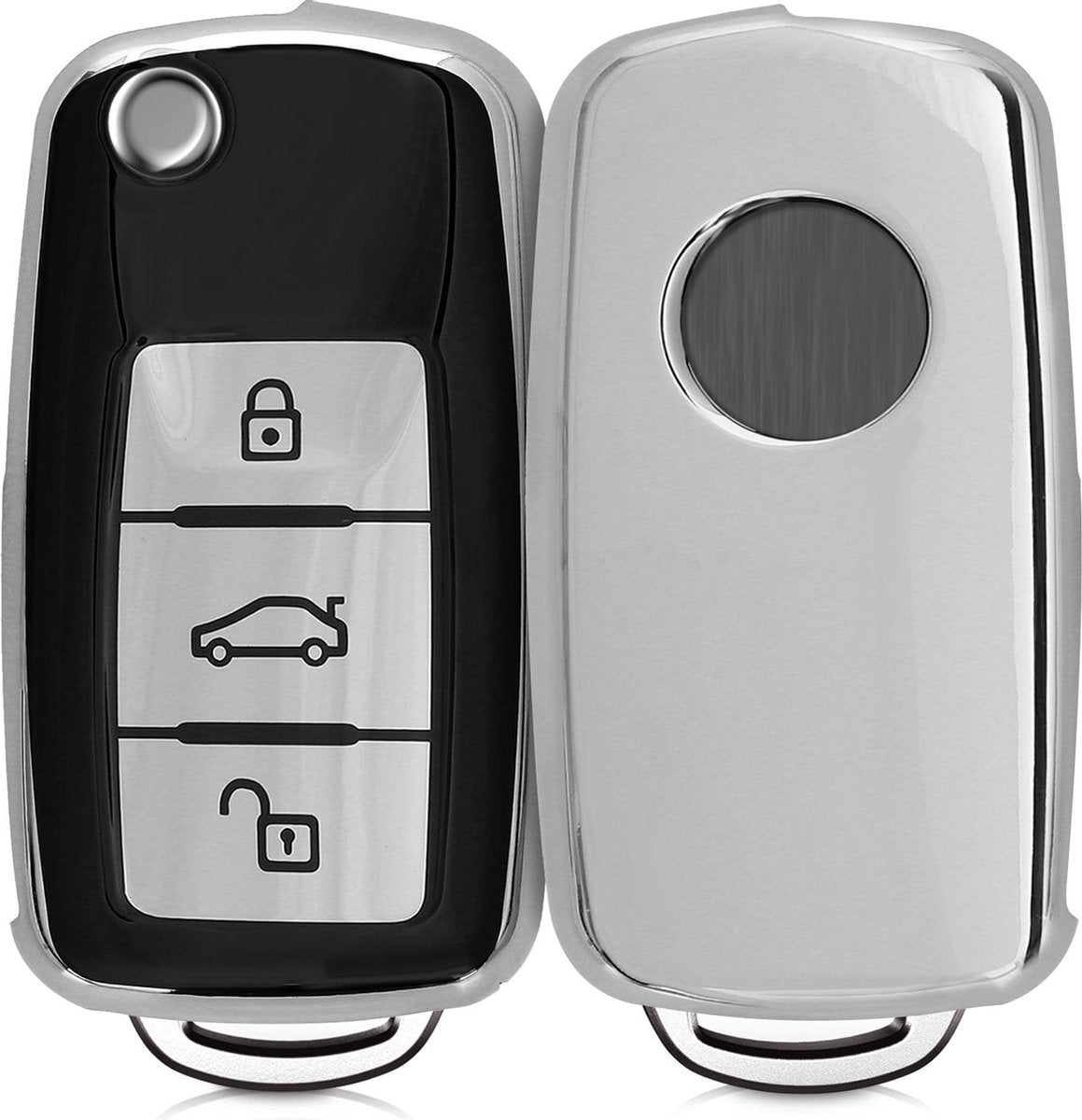 kwmobile autosleutelhoes voor VW Skoda Seat 3-knops autosleutel - TPU beschermhoes in zwart / hoogglans zilver