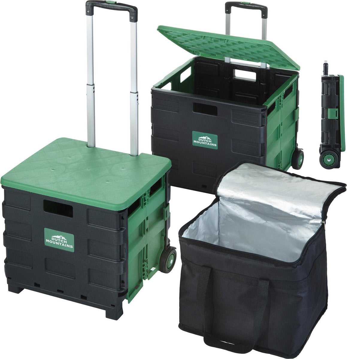 Dutch Mountains Opvouwbare Boodschappentrolley Set 3-delig – Vouwkrat 41 + 65 Ltr met 22 Ltr Koeltas – Boodschappenkrat op wielen – Incl deksels als zitje - Multifunctioneel
