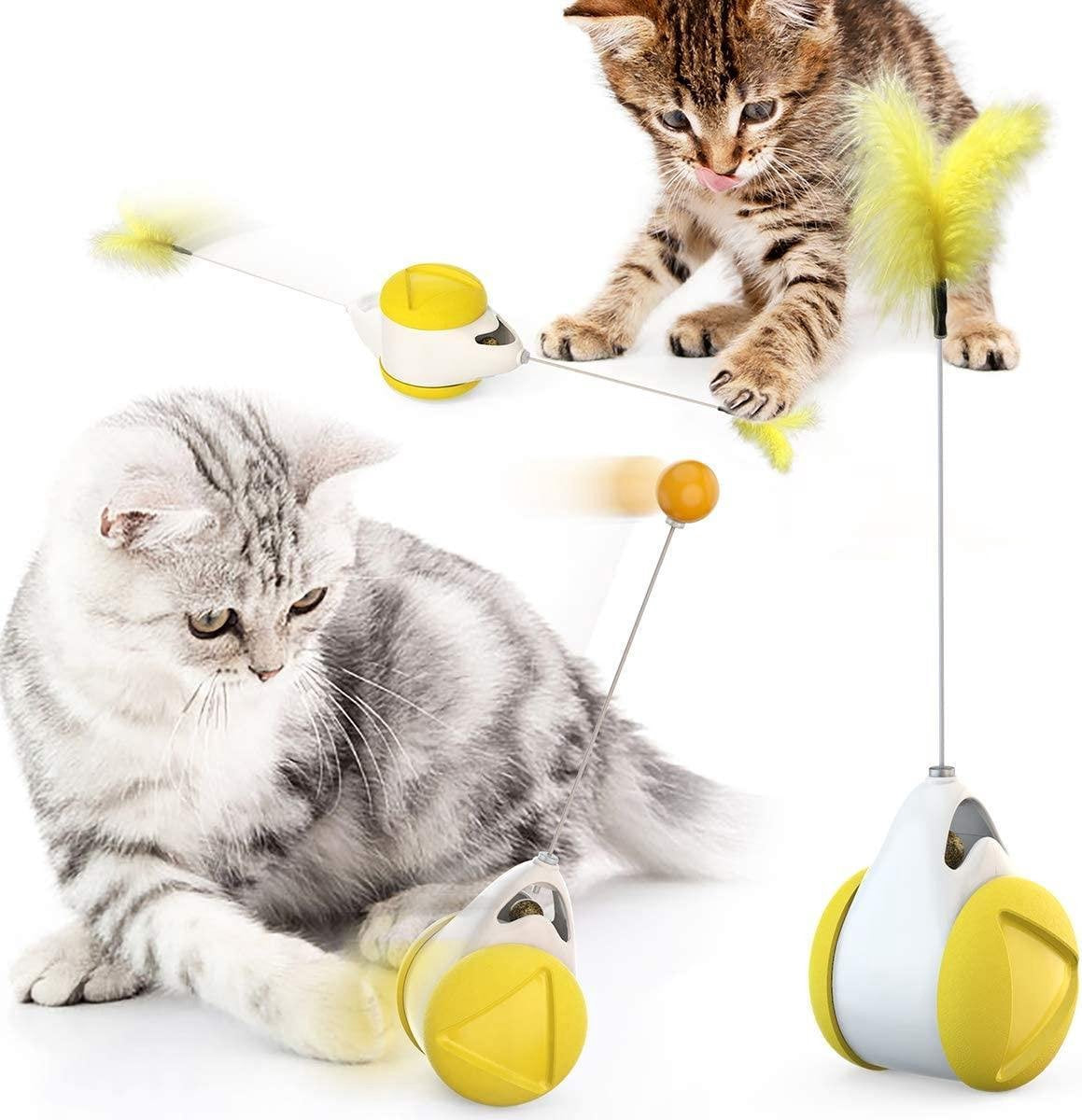 Pepets © - Kattenspeeltje - Speelgoed Katten - Interactief Speelgoed Kat - Interactief Kattenspeeltje - Roterend Speeltje – Kattenkruid Speeltje - Ronddraaiend Kattenspeeltje - Geel - Met Veer en Balletje - Kattenkruid Balletje GRATIS