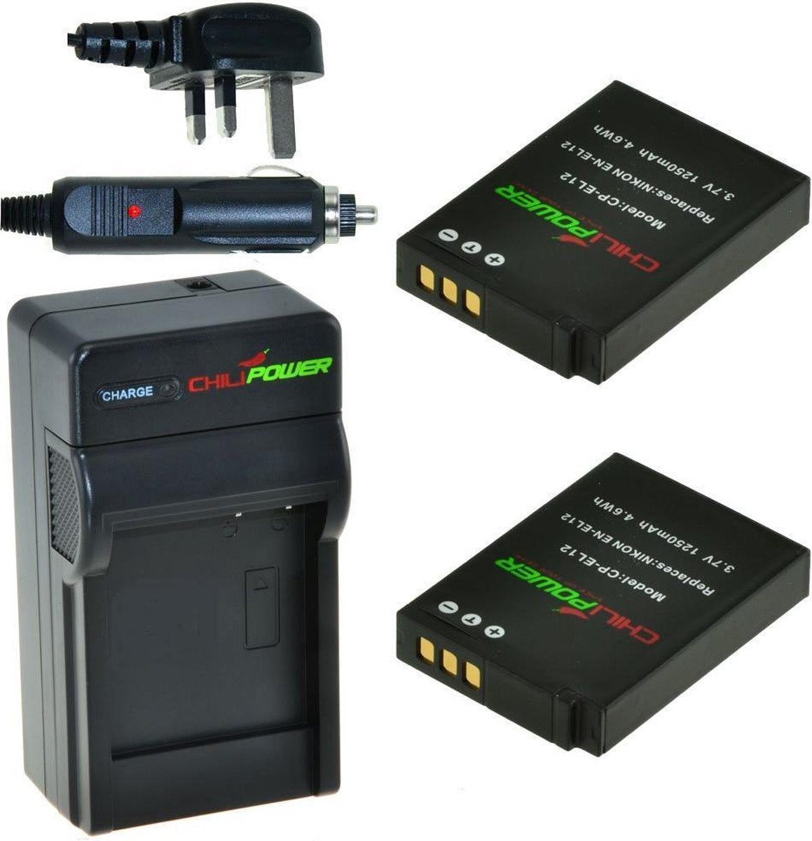 ChiliPower 2 x EN-EL12 accu's voor Nikon - Charger Kit + car-charger - UK versie