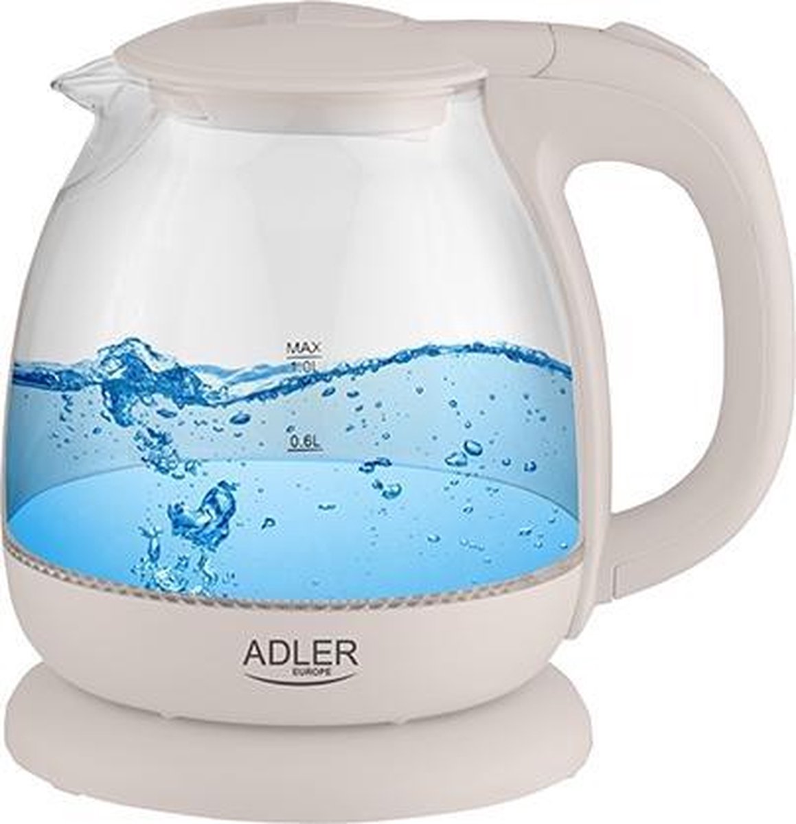 Waterkoker - met led - glas - 1 liter - creme