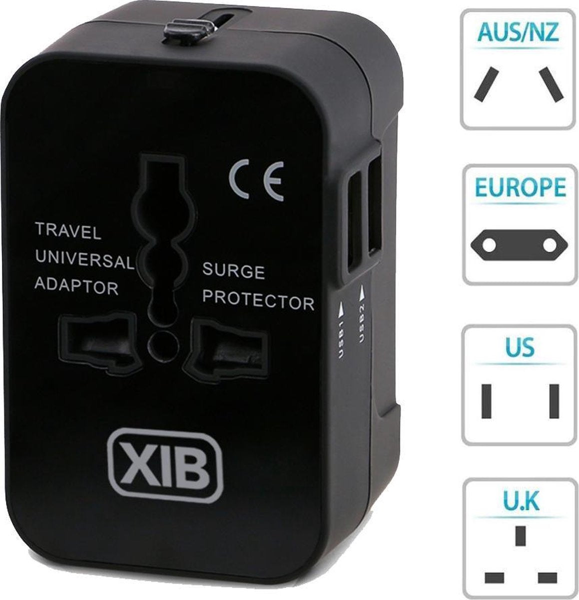 XIB Universele wereld reisstekker met 2 USB-poorten / Wereldstekker voor meer dan 150 landen o.a. Engeland