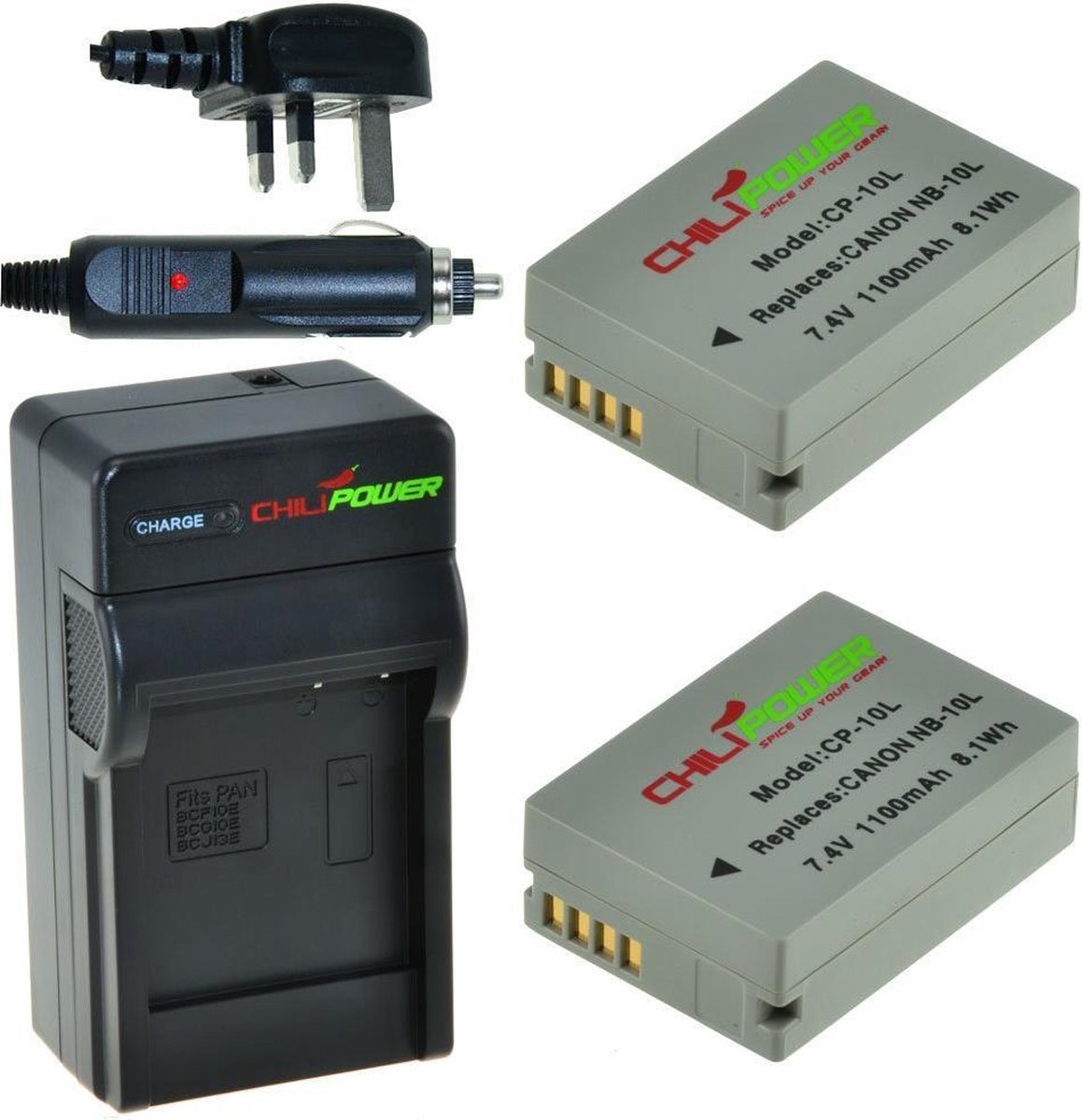 ChiliPower 2 x NB-10L accu's voor Canon - Charger Kit + car-charger - UK version