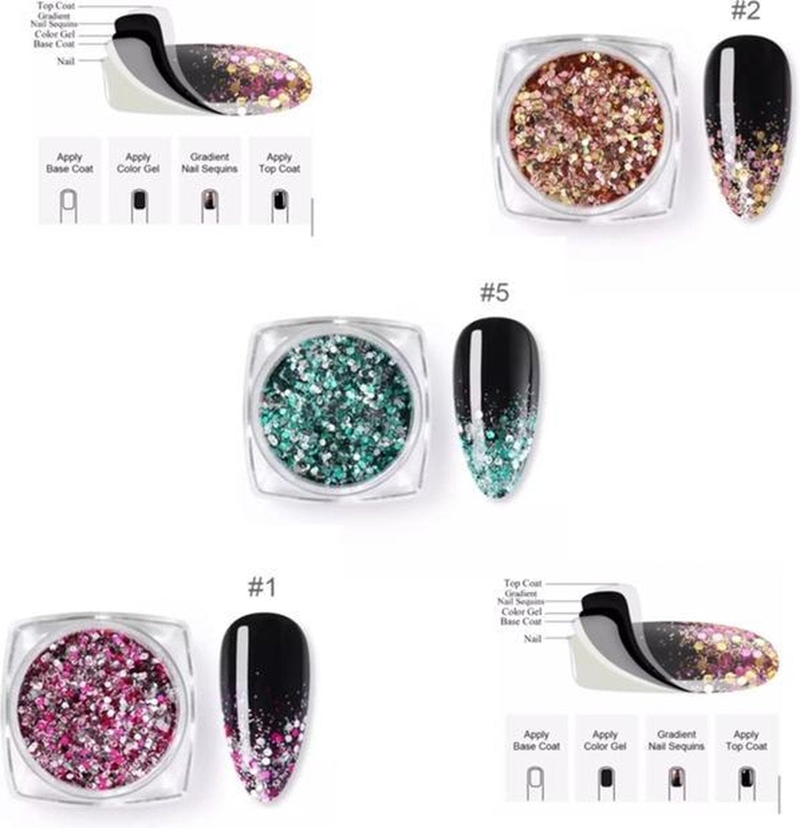 Nail Art Glitter Schubben Set 3 Stuks + Kwastje |Glitter Pailletjes | Rhinestones | Nagelversiering